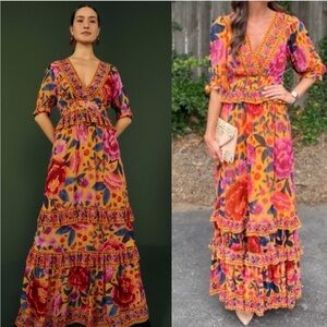 FARM RIO Yellow Pink & Blue Tropical Floral Dream V
Neck Tiered Frill Maxi Dress